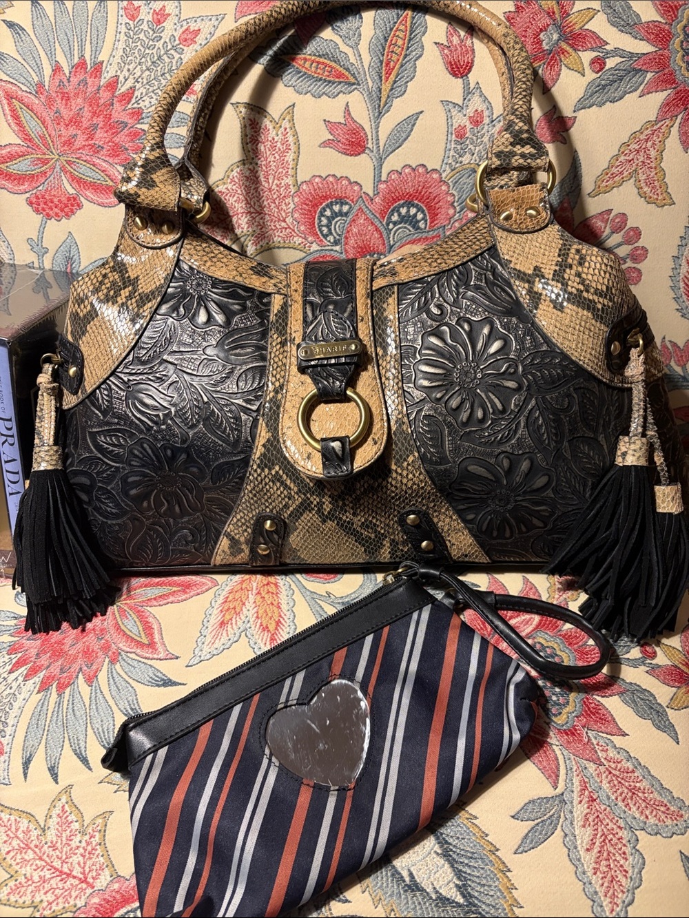 Sharif Floral Embossed SnakeskiniBlack & Tan  w/mirror wristlet 17”x9.5”x4.5” NW